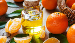 Bottle of essential citrus oil and ripe tangerines with leaves o
